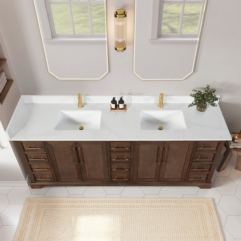 Vinnova 707384-AD-BH Tokyo 84" Freestanding Double Bath Vanity in Aged Dark Brown Oak with Silk White Quartz Stone Top