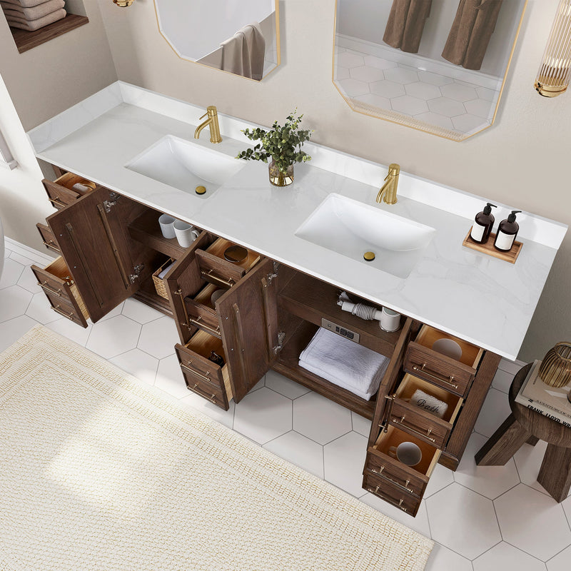 Vinnova 707384-AD-BH Tokyo 84" Freestanding Double Bath Vanity in Aged Dark Brown Oak with Silk White Quartz Stone Top