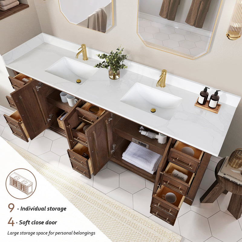 Vinnova 707384-AD-BH Tokyo 84" Freestanding Double Bath Vanity in Aged Dark Brown Oak with Silk White Quartz Stone Top