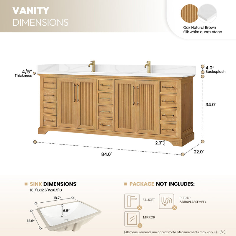 Vinnova 707384-ON-BH Tokyo 84" Double Bath Vanity in Oak Natural Brown
