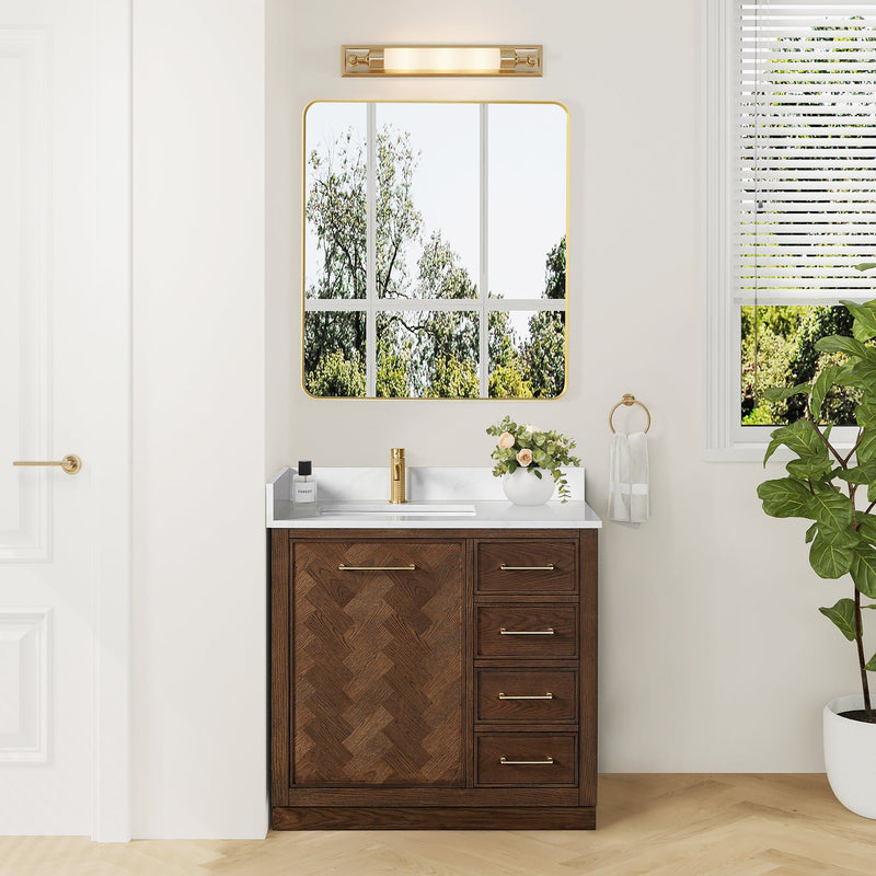 Vinnova 707536-AD-BH Jakarta 36" Freestanding Single Bath Vanity in Aged Dark Brown Oak with Silk White Quartz Stone Top