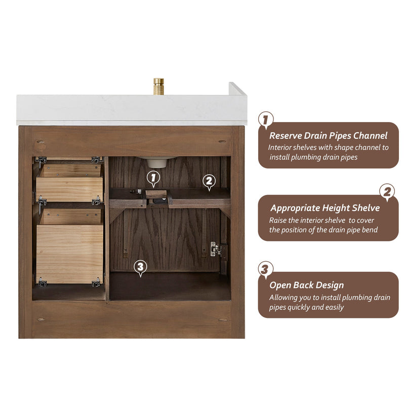 Vinnova 707536-AD-BH Jakarta 36" Freestanding Single Bath Vanity in Aged Dark Brown Oak with Silk White Quartz Stone Top