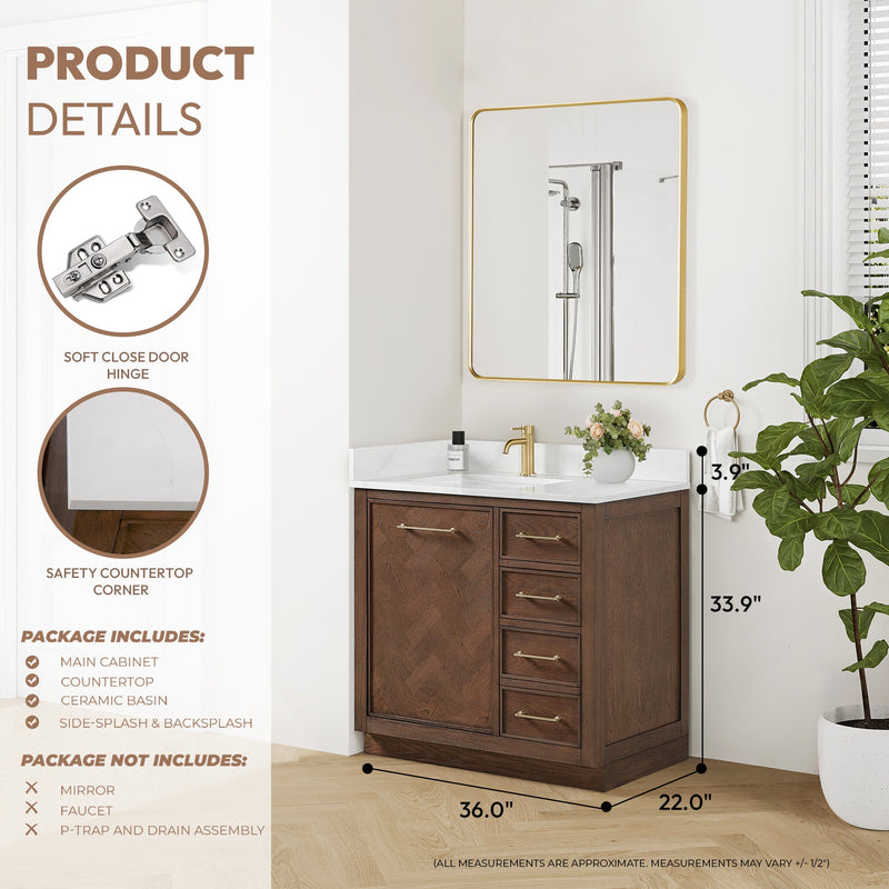 Vinnova 707536-AD-BH Jakarta 36" Freestanding Single Bath Vanity in Aged Dark Brown Oak with Silk White Quartz Stone Top