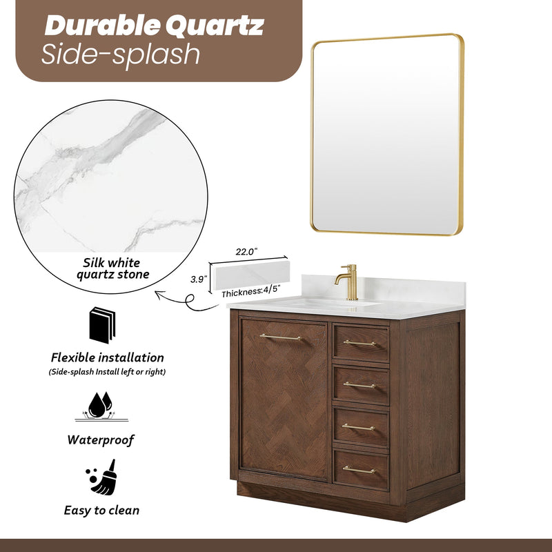 Vinnova 707536-AD-BH Jakarta 36" Freestanding Single Bath Vanity in Aged Dark Brown Oak with Silk White Quartz Stone Top