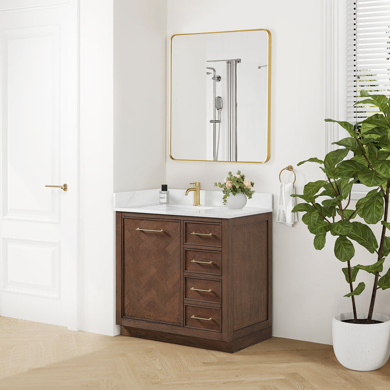 Vinnova 707536-AD-BH Jakarta 36" Freestanding Single Bath Vanity in Aged Dark Brown Oak with Silk White Quartz Stone Top