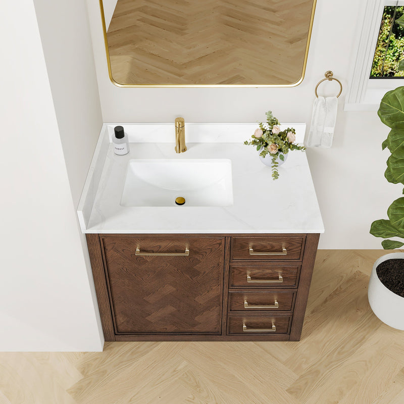 Vinnova 707536-AD-BH Jakarta 36" Freestanding Single Bath Vanity in Aged Dark Brown Oak with Silk White Quartz Stone Top
