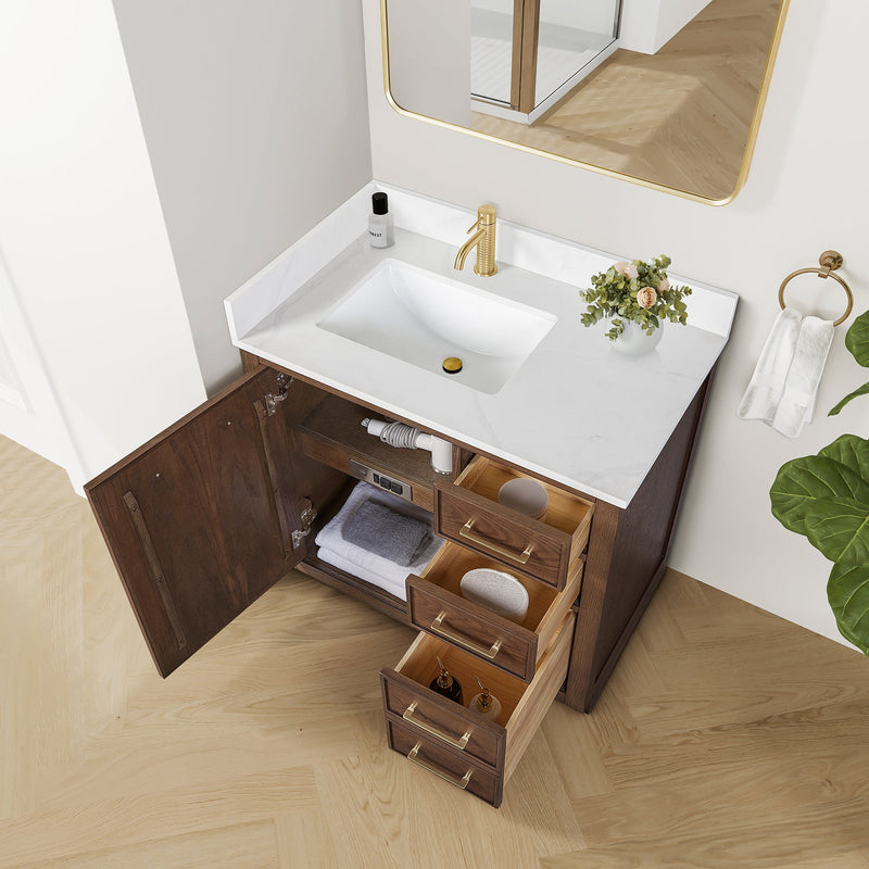 Vinnova 707536-AD-BH Jakarta 36" Freestanding Single Bath Vanity in Aged Dark Brown Oak with Silk White Quartz Stone Top