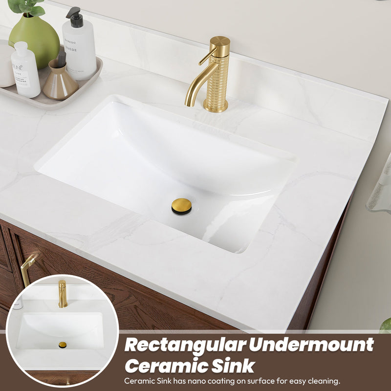 Vinnova 707536-AD-BH Jakarta 36" Freestanding Single Bath Vanity in Aged Dark Brown Oak with Silk White Quartz Stone Top