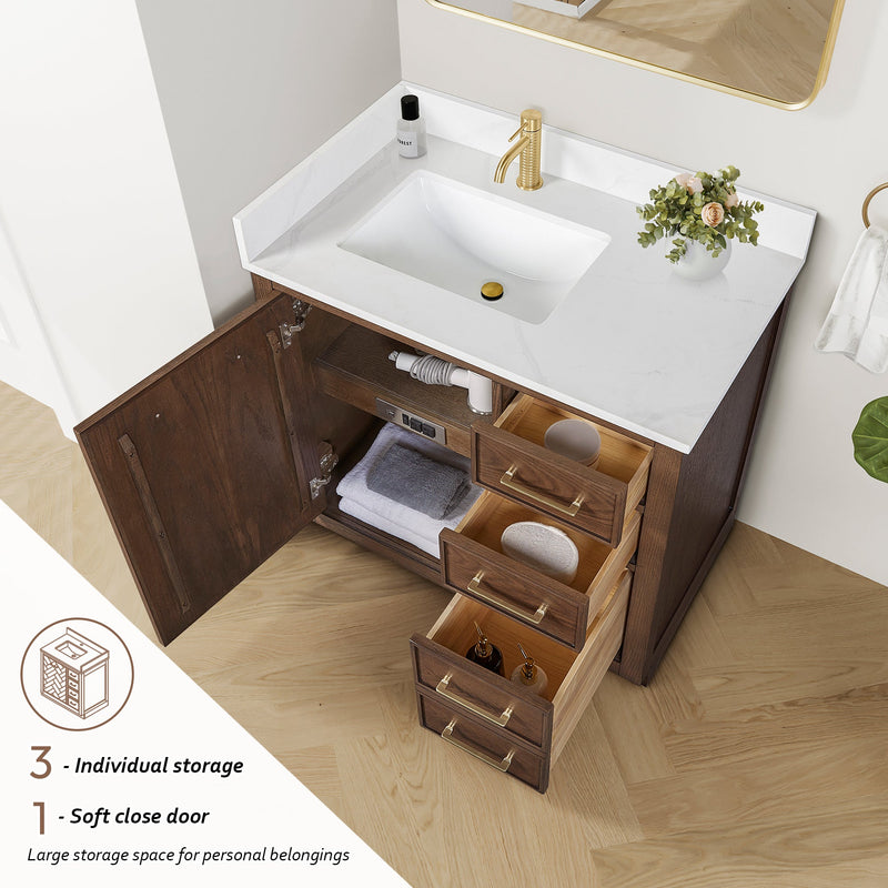 Vinnova 707536-AD-BH Jakarta 36" Freestanding Single Bath Vanity in Aged Dark Brown Oak with Silk White Quartz Stone Top