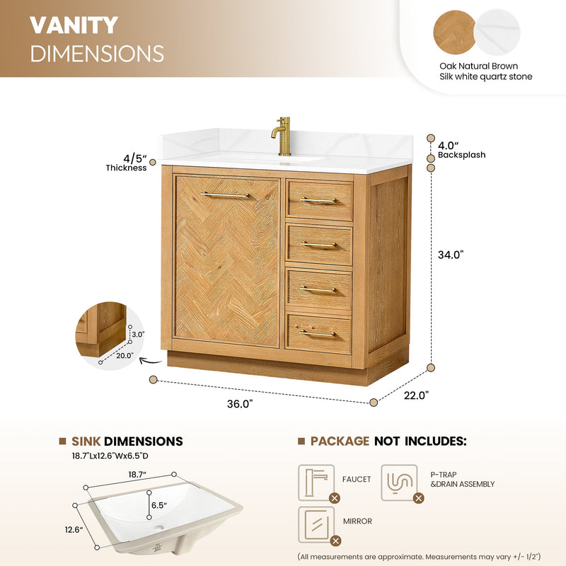 Vinnova 707536-ON-BH Jakarta 36" Freestanding Single Bath Vanity in Oak Natural Brown