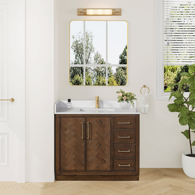 Vinnova 707542-AD-BH Jakarta 42" Freestanding Single Bath Vanity in Aged Dark Brown Oak with Silk White Quartz Stone Top