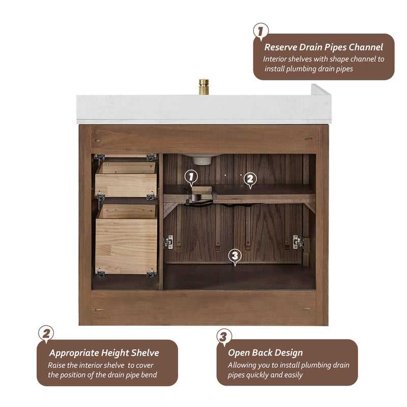 Vinnova 707542-AD-BH Jakarta 42" Freestanding Single Bath Vanity in Aged Dark Brown Oak with Silk White Quartz Stone Top