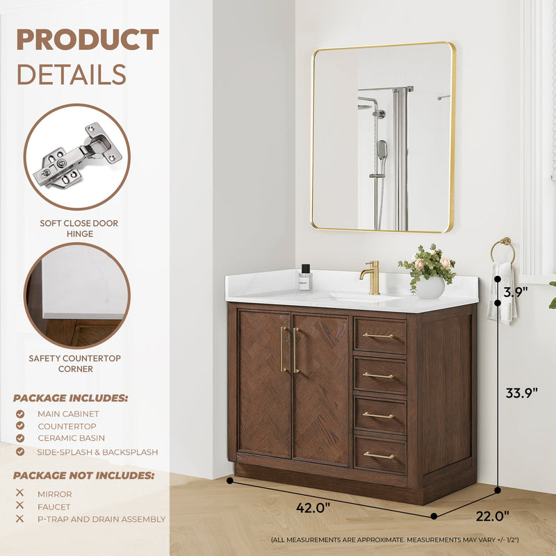 Vinnova 707542-AD-BH Jakarta 42" Freestanding Single Bath Vanity in Aged Dark Brown Oak with Silk White Quartz Stone Top