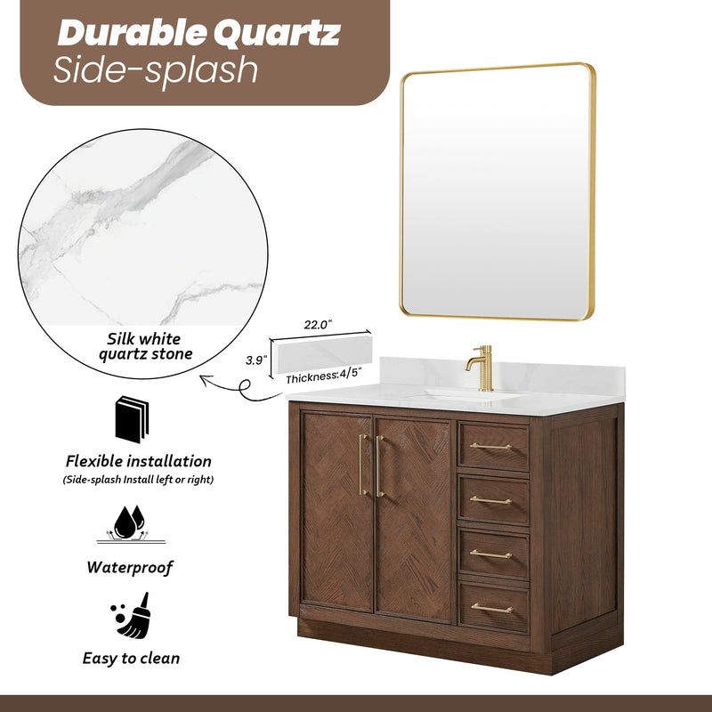Vinnova 707542-AD-BH Jakarta 42" Freestanding Single Bath Vanity in Aged Dark Brown Oak with Silk White Quartz Stone Top