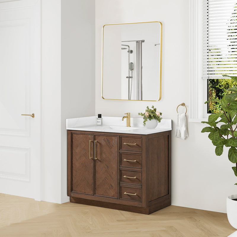 Vinnova 707542-AD-BH Jakarta 42" Freestanding Single Bath Vanity in Aged Dark Brown Oak with Silk White Quartz Stone Top
