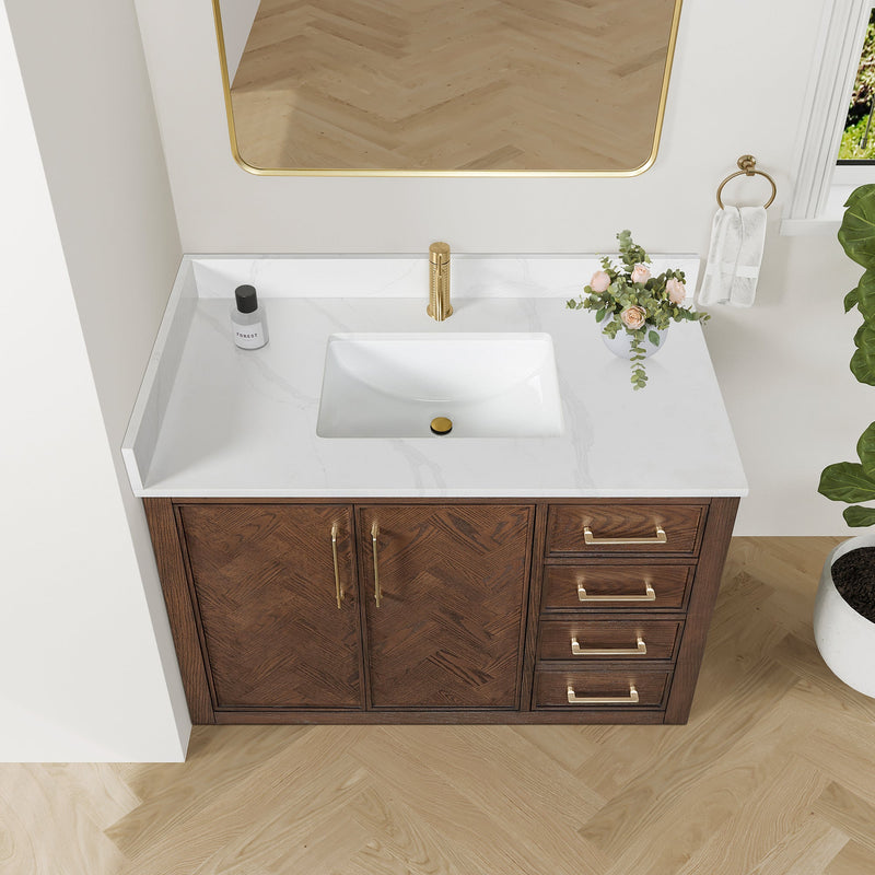 Vinnova 707542-AD-BH Jakarta 42" Freestanding Single Bath Vanity in Aged Dark Brown Oak with Silk White Quartz Stone Top