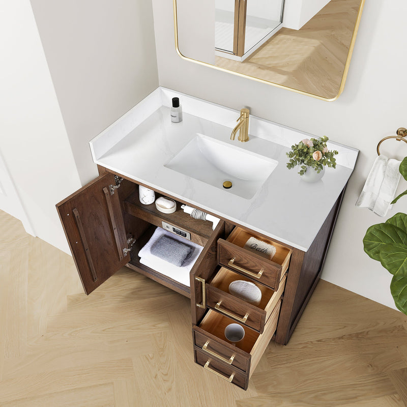 Vinnova 707542-AD-BH Jakarta 42" Freestanding Single Bath Vanity in Aged Dark Brown Oak with Silk White Quartz Stone Top
