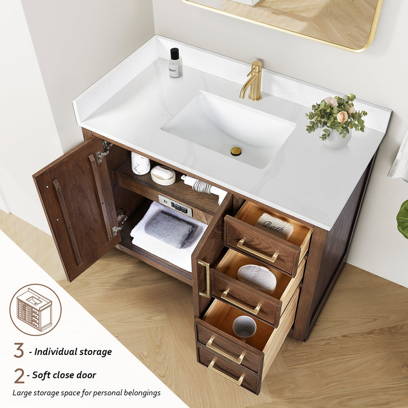 Vinnova 707542-AD-BH Jakarta 42" Freestanding Single Bath Vanity in Aged Dark Brown Oak with Silk White Quartz Stone Top