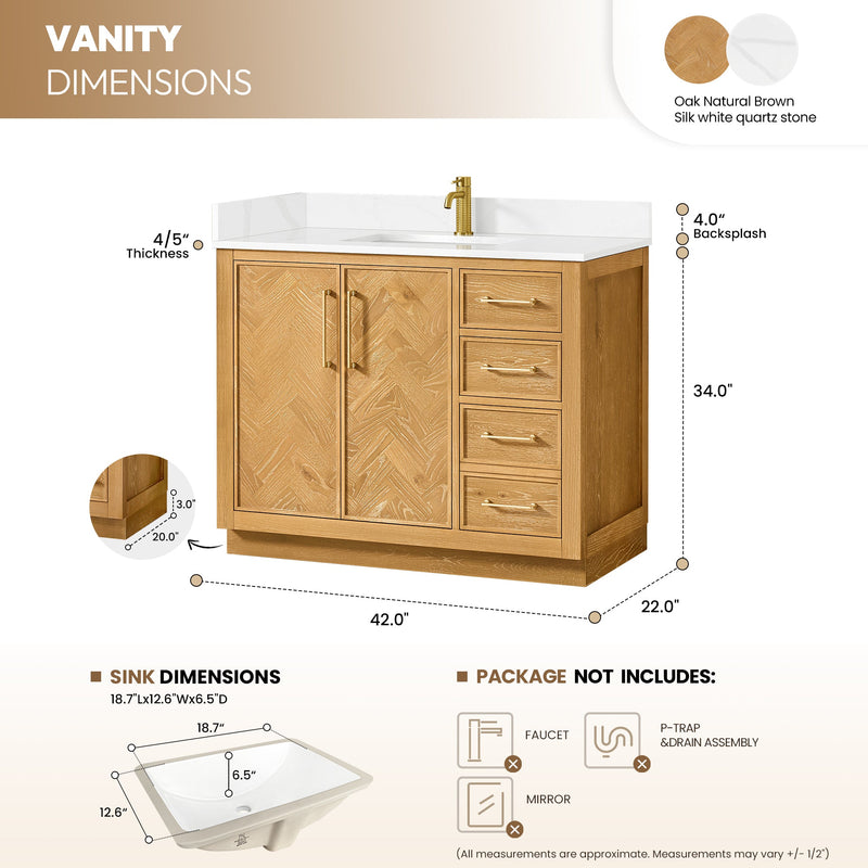 Vinnova 707542-ON-BH Jakarta 42" Freestanding Single Bath Vanity in Oak Natural Brown