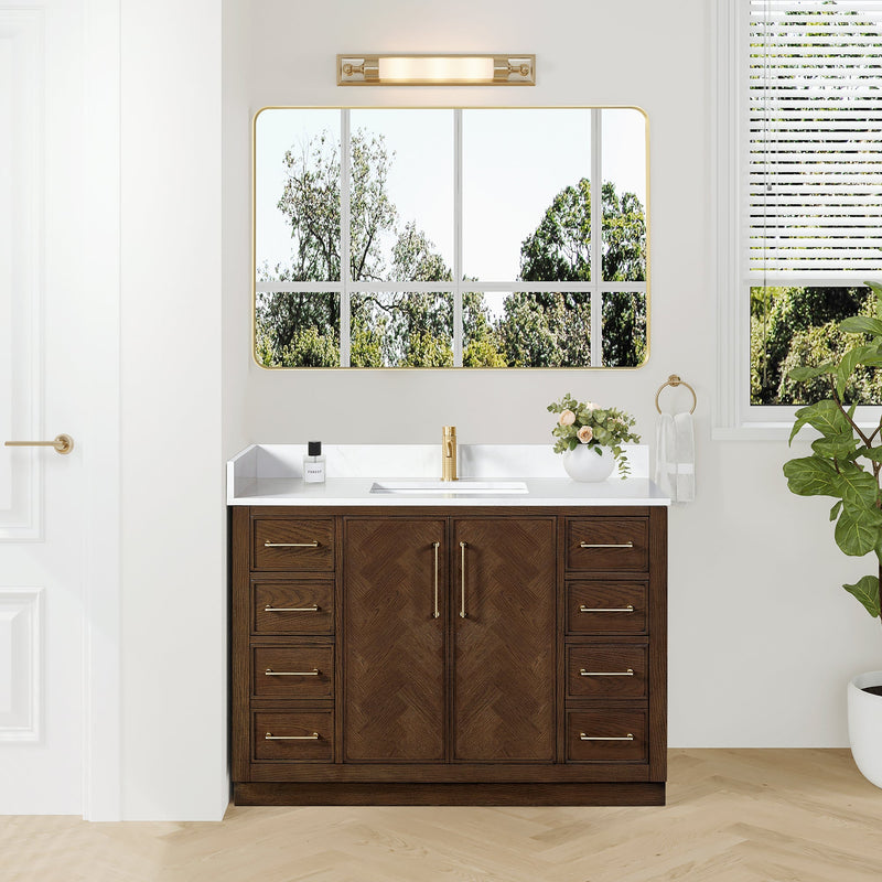 Vinnova 707548-AD-BH Jakarta 48" Freestanding Single Bath Vanity in Aged Dark Brown Oak with Silk White Quartz Stone Top