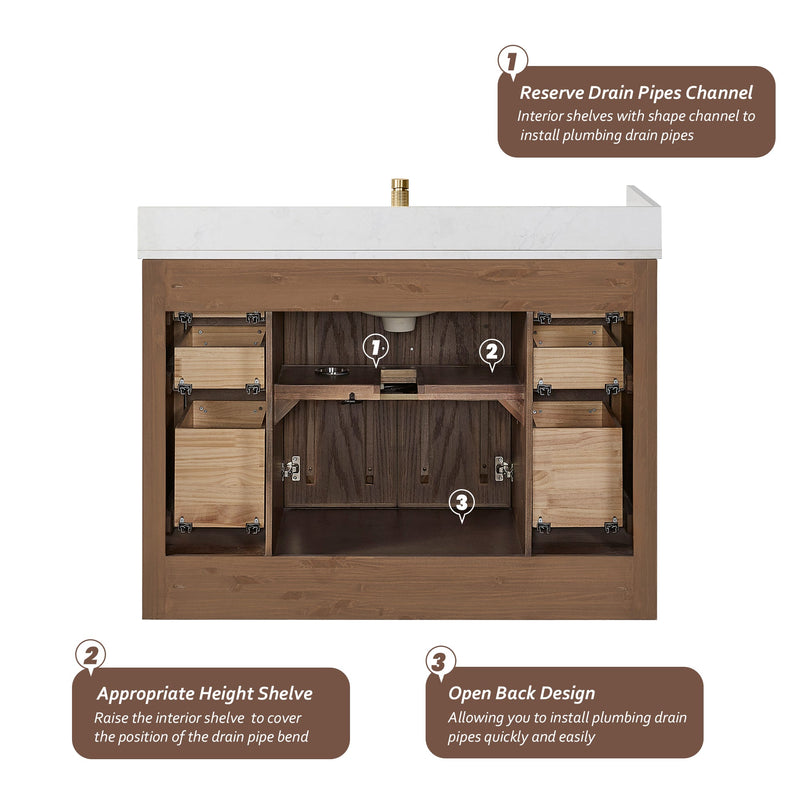 Vinnova 707548-AD-BH Jakarta 48" Freestanding Single Bath Vanity in Aged Dark Brown Oak with Silk White Quartz Stone Top