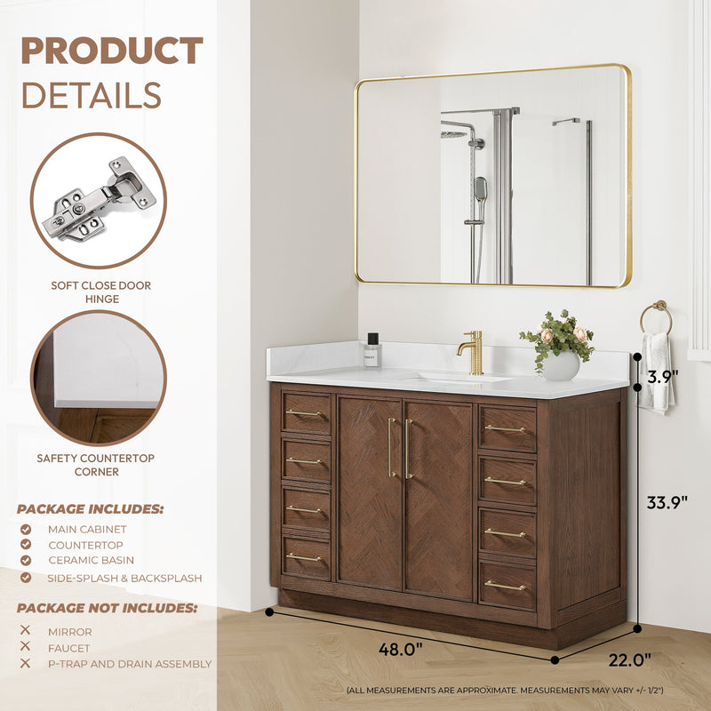 Vinnova 707548-AD-BH Jakarta 48" Freestanding Single Bath Vanity in Aged Dark Brown Oak with Silk White Quartz Stone Top
