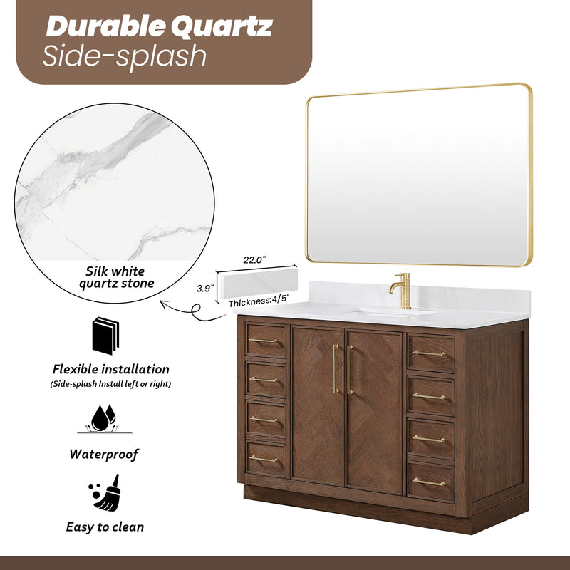 Vinnova 707548-AD-BH Jakarta 48" Freestanding Single Bath Vanity in Aged Dark Brown Oak with Silk White Quartz Stone Top