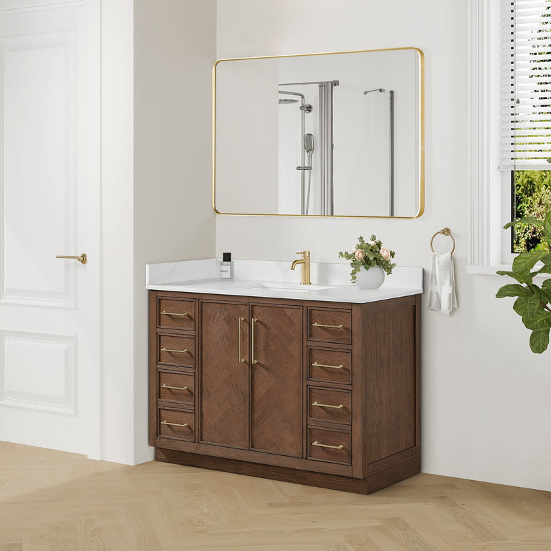 Vinnova 707548-AD-BH Jakarta 48" Freestanding Single Bath Vanity in Aged Dark Brown Oak with Silk White Quartz Stone Top