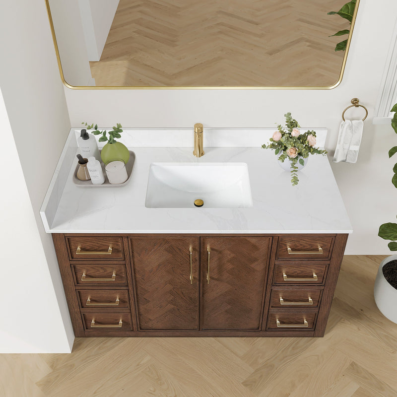 Vinnova 707548-AD-BH Jakarta 48" Freestanding Single Bath Vanity in Aged Dark Brown Oak with Silk White Quartz Stone Top