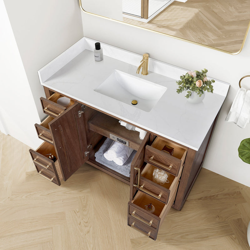Vinnova 707548-AD-BH Jakarta 48" Freestanding Single Bath Vanity in Aged Dark Brown Oak with Silk White Quartz Stone Top
