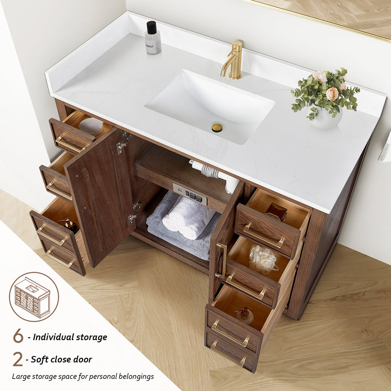 Vinnova 707548-AD-BH Jakarta 48" Freestanding Single Bath Vanity in Aged Dark Brown Oak with Silk White Quartz Stone Top
