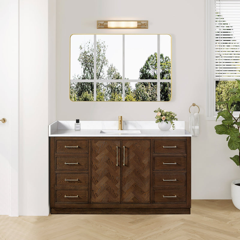 Vinnova 707560-AD-BH Jakarta 60" Freestanding Single Bath Vanity in Aged Dark Brown Oak with Silk White Quartz Stone Top