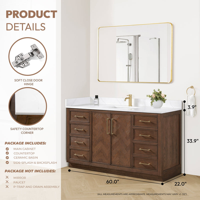 Vinnova 707560-AD-BH Jakarta 60" Freestanding Single Bath Vanity in Aged Dark Brown Oak with Silk White Quartz Stone Top