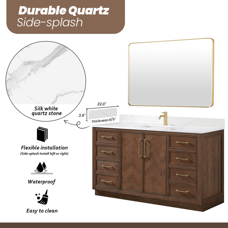 Vinnova 707560-AD-BH Jakarta 60" Freestanding Single Bath Vanity in Aged Dark Brown Oak with Silk White Quartz Stone Top