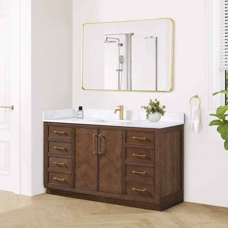 Vinnova 707560-AD-BH Jakarta 60" Freestanding Single Bath Vanity in Aged Dark Brown Oak with Silk White Quartz Stone Top