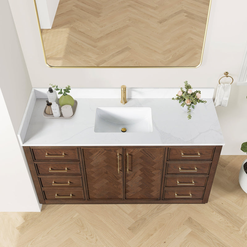 Vinnova 707560-AD-BH Jakarta 60" Freestanding Single Bath Vanity in Aged Dark Brown Oak with Silk White Quartz Stone Top