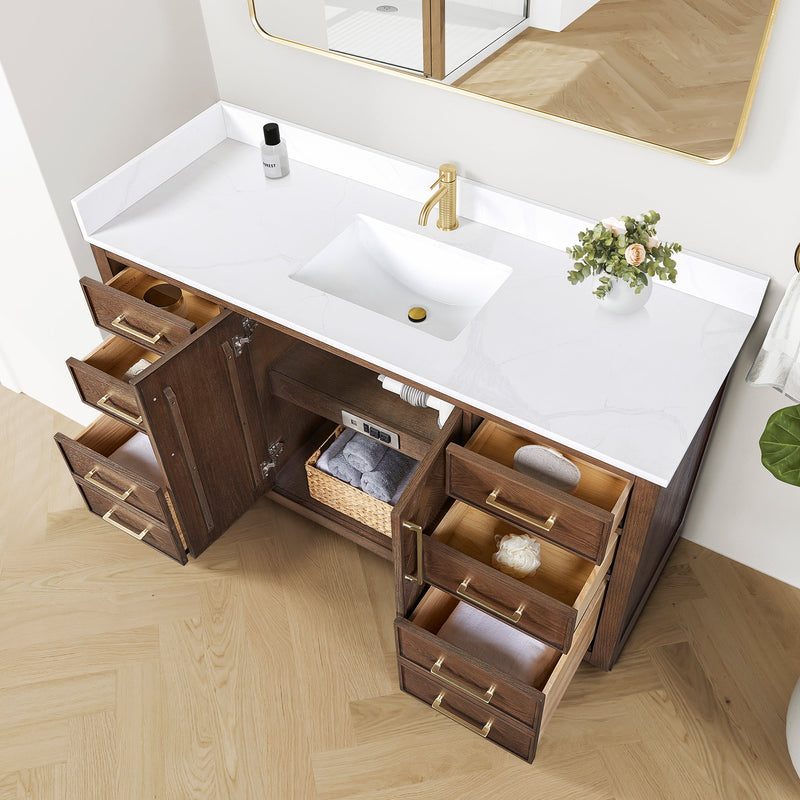 Vinnova 707560-AD-BH Jakarta 60" Freestanding Single Bath Vanity in Aged Dark Brown Oak with Silk White Quartz Stone Top