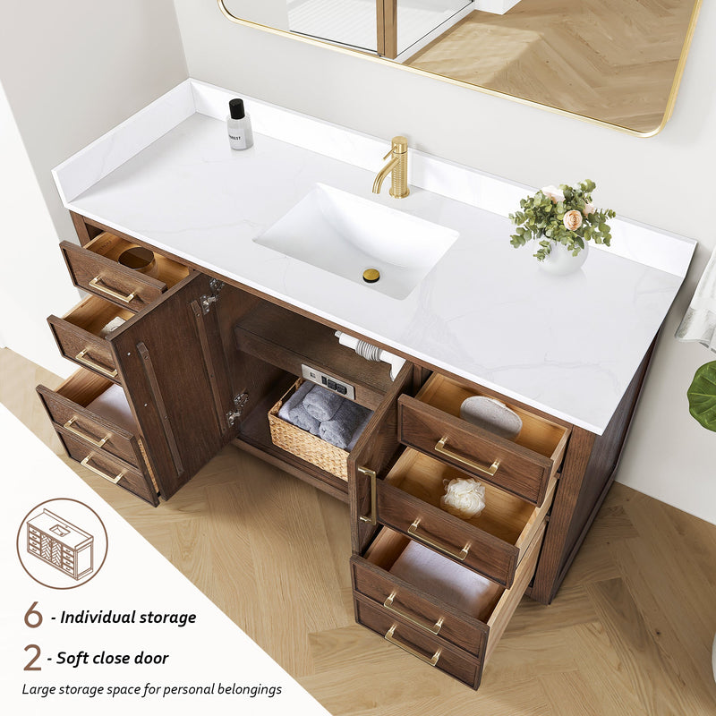 Vinnova 707560-AD-BH Jakarta 60" Freestanding Single Bath Vanity in Aged Dark Brown Oak with Silk White Quartz Stone Top