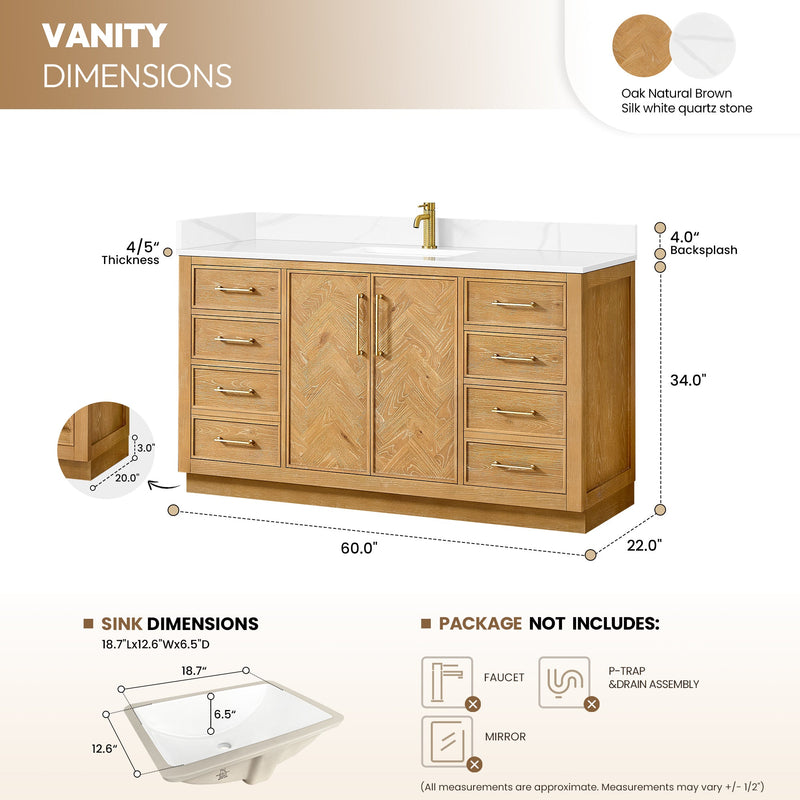 Vinnova 707560-ON-BH Jakarta 60" Freestanding Single Bath Vanity in Oak Natural Brown