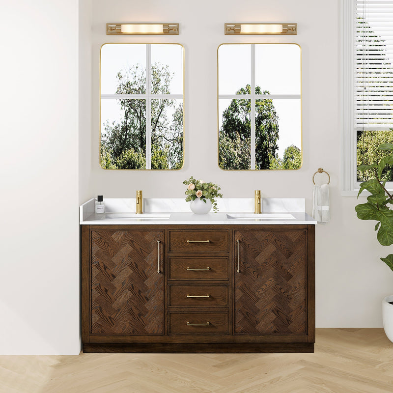 Vinnova 707560M-AD-BH Jakarta 60M" Freestanding Double Bath Vanity in Aged Dark Brown Oak with Silk White Quartz Stone Top