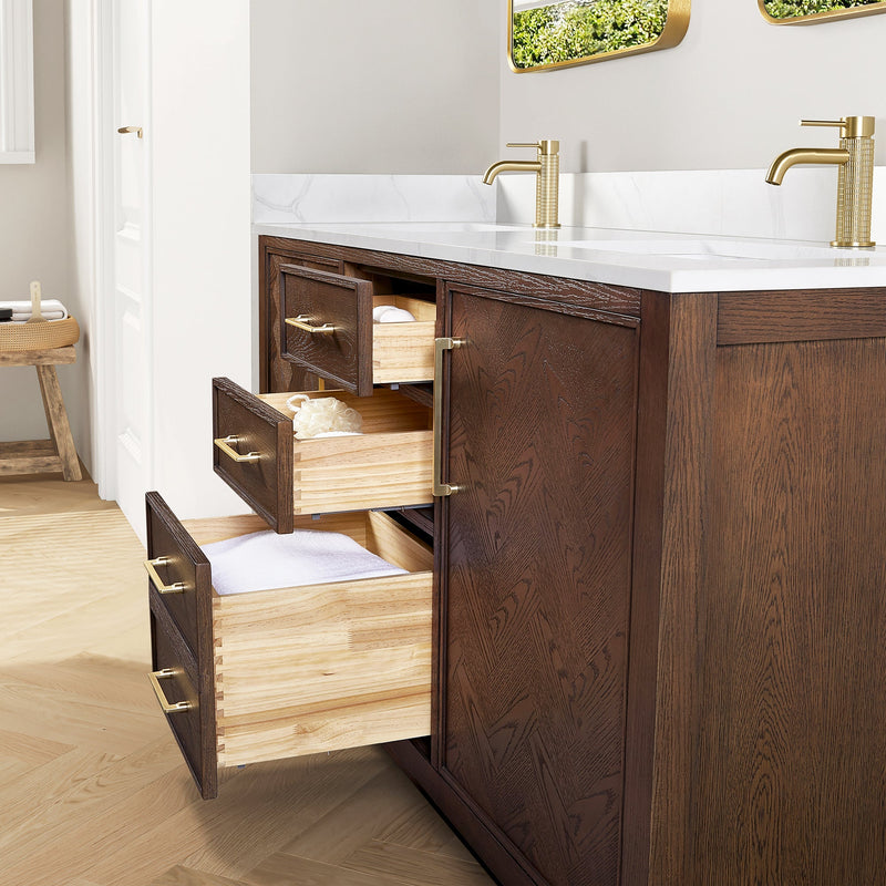Vinnova 707560M-AD-BH Jakarta 60M" Freestanding Double Bath Vanity in Aged Dark Brown Oak with Silk White Quartz Stone Top