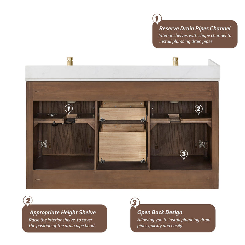 Vinnova 707560M-AD-BH Jakarta 60M" Freestanding Double Bath Vanity in Aged Dark Brown Oak with Silk White Quartz Stone Top