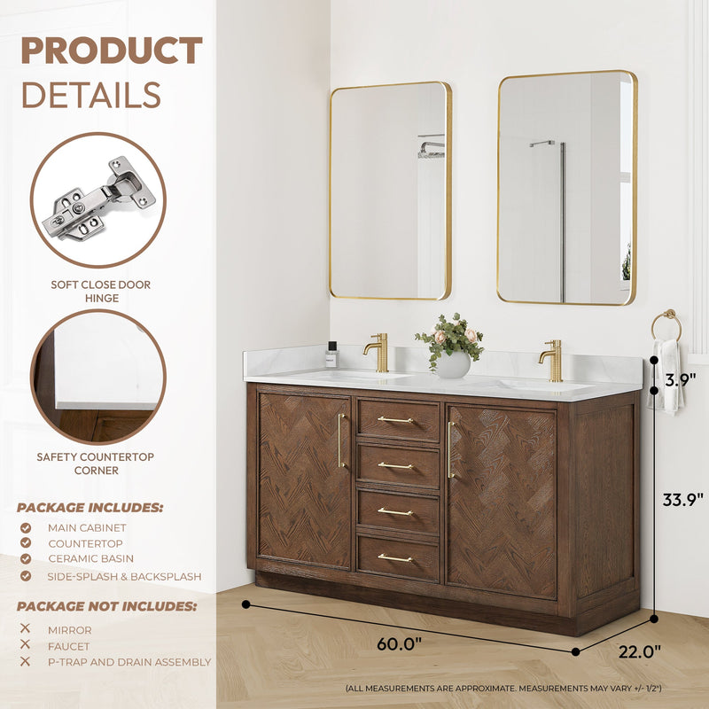 Vinnova 707560M-AD-BH Jakarta 60M" Freestanding Double Bath Vanity in Aged Dark Brown Oak with Silk White Quartz Stone Top