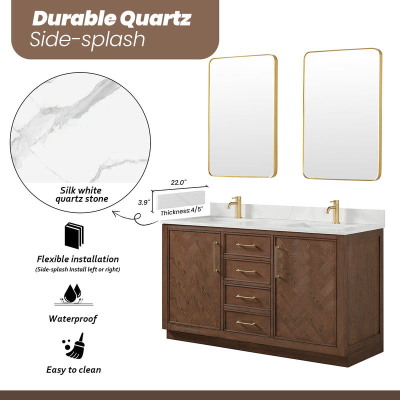 Vinnova 707560M-AD-BH Jakarta 60M" Freestanding Double Bath Vanity in Aged Dark Brown Oak with Silk White Quartz Stone Top