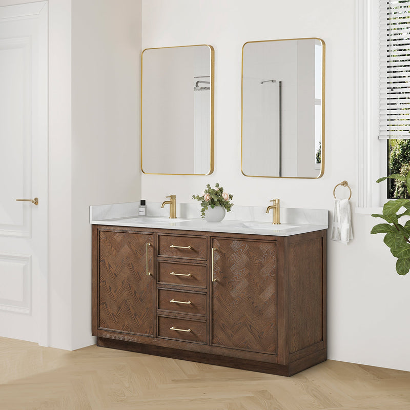 Vinnova 707560M-AD-BH Jakarta 60M" Freestanding Double Bath Vanity in Aged Dark Brown Oak with Silk White Quartz Stone Top