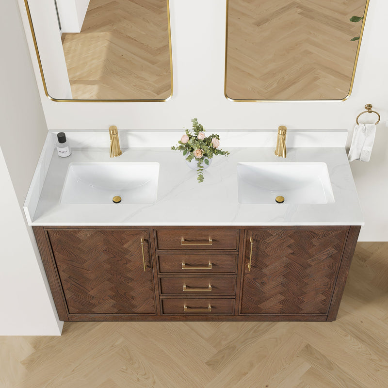Vinnova 707560M-AD-BH Jakarta 60M" Freestanding Double Bath Vanity in Aged Dark Brown Oak with Silk White Quartz Stone Top