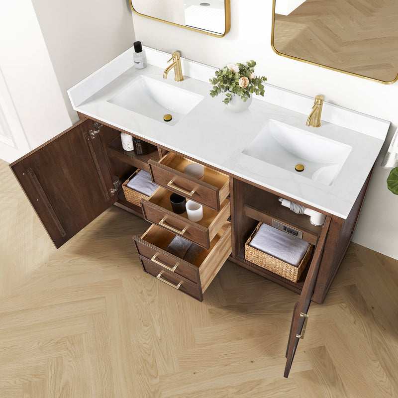 Vinnova 707560M-AD-BH Jakarta 60M" Freestanding Double Bath Vanity in Aged Dark Brown Oak with Silk White Quartz Stone Top