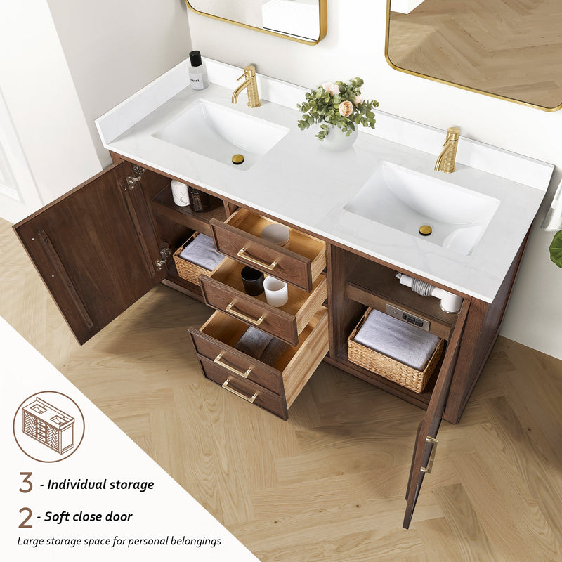 Vinnova 707560M-AD-BH Jakarta 60M" Freestanding Double Bath Vanity in Aged Dark Brown Oak with Silk White Quartz Stone Top