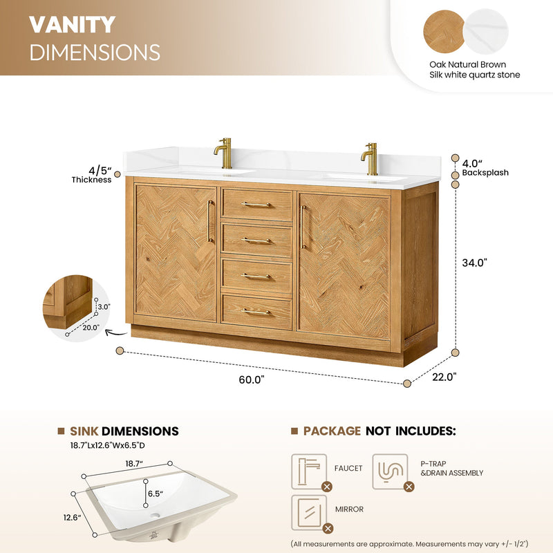 Vinnova 707560M-ON-BH Jakarta 60M" Freestanding Double Bath Vanity in Oak Natural Brown