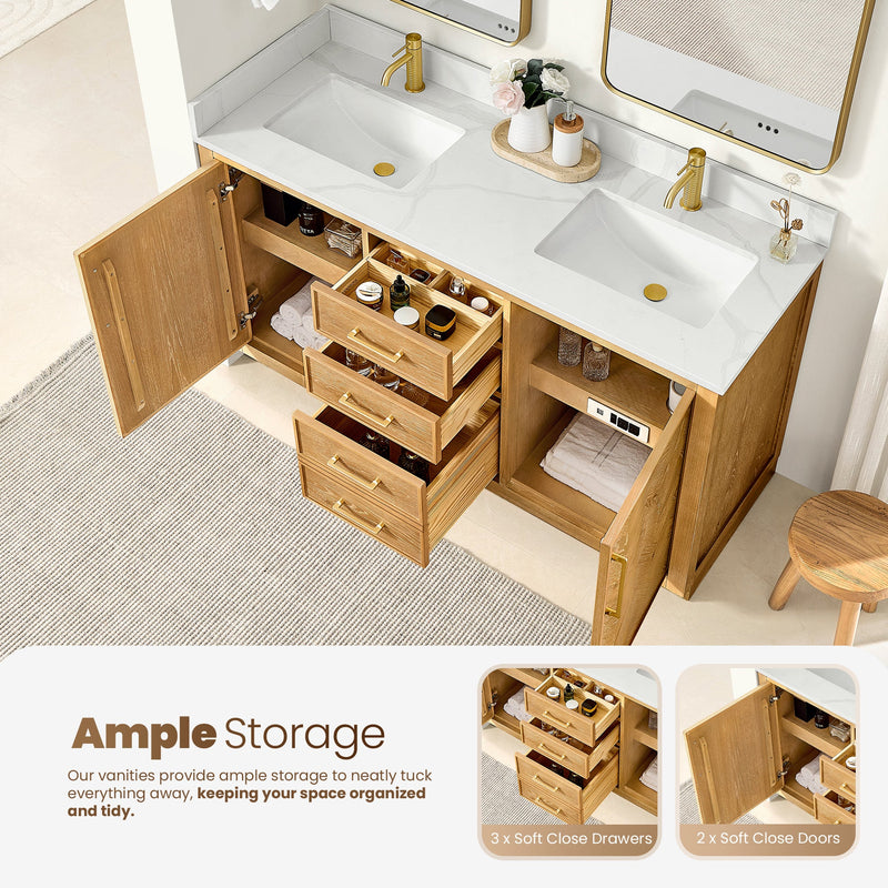 Vinnova 707560M-ON-BH Jakarta 60M" Freestanding Double Bath Vanity in Oak Natural Brown